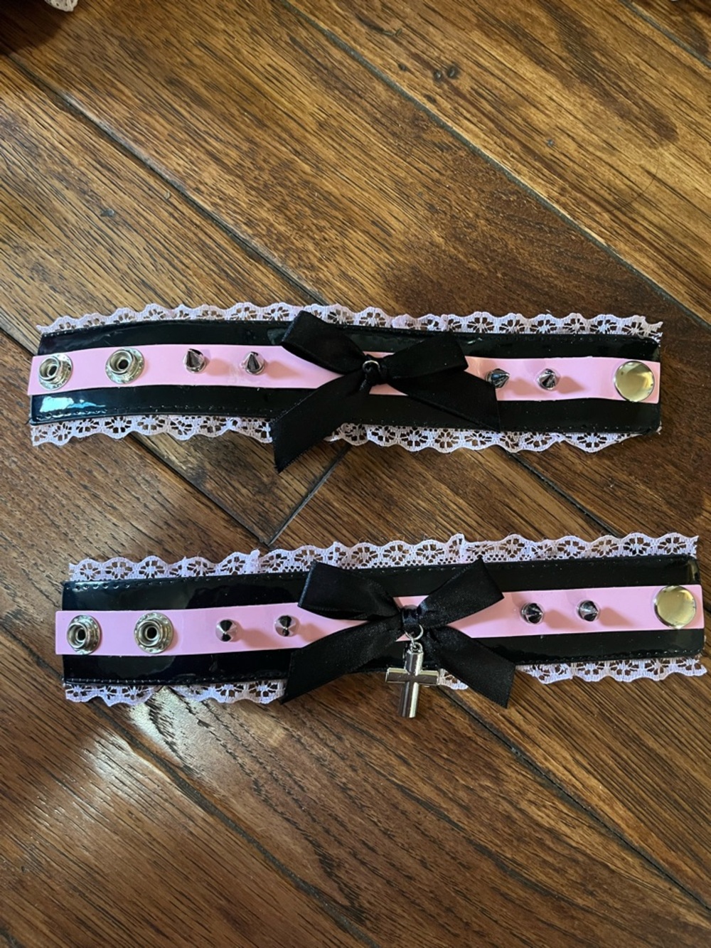 Dolls Kill Pink and Black Lace Ribbon Bracelet Set with Cross